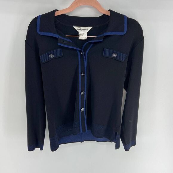 Misook acrylic Black Ponte Knit Blue full Buttoned long sleeve Cardigan womens s - Picture 5 of 5